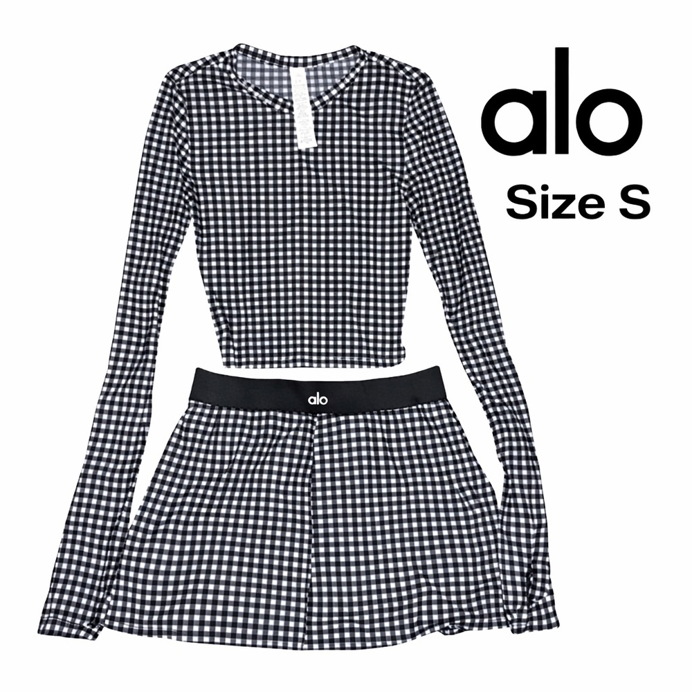ALO Yoga Black & White Gingham Long Sleeve Crop Top and Skirt Set